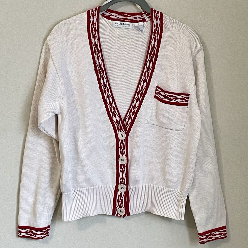 VTG Liz Claiborne Womens S Cardigan Knit Cream V-Neck Sweater Red Contrast Trim
